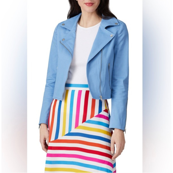 COLOR ME COURTNEY Dennis Biker Jacket 10 Blue Moto Bomber Zip Coat Blazer crop - Picture 2 of 8